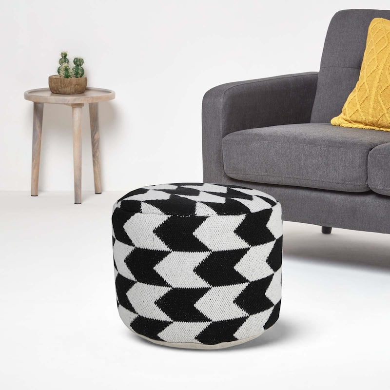 18-Inch Black Cylinder Chevron Pouf Ottoman for Living Room or Bedroom