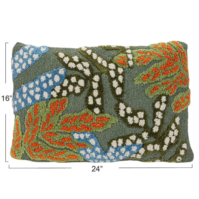 Tufted Fabric Indoor/Outdoor Lumbar Pillow with Botanicals - 24.0"L x 16.0"W x 1.0"H