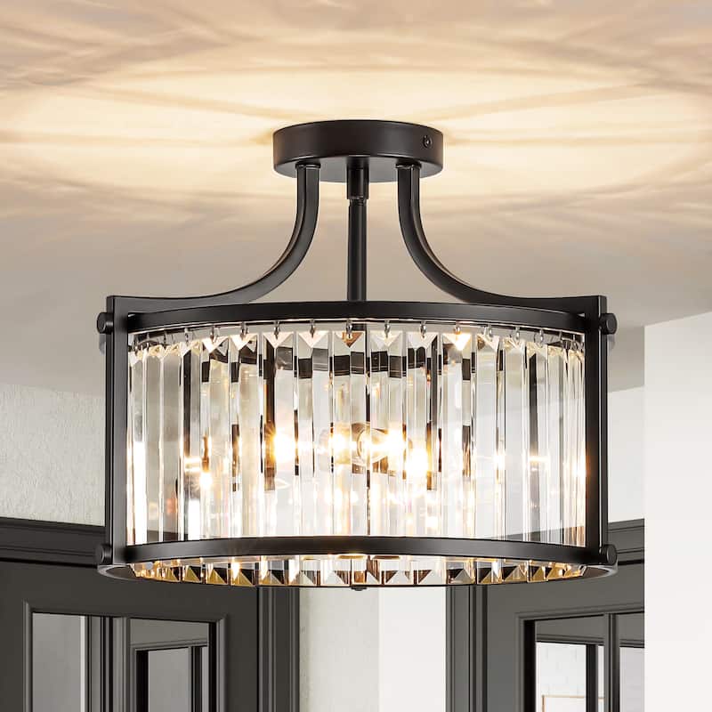 4-Light Modern Matte Black Drum Crystal Semi-Flush Mount Light - 14.76 in. W x 11.81 in. H