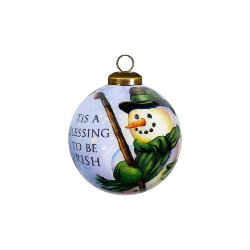 HomeRoots Green Irish Snowman Hand Painted Mouth Blown Glass Ornament