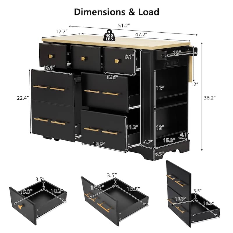 Kitchen Island with 6 Drawers, Pull Out Trash Can Storage, with Drop Leaf, Power Outlet, 5 Open Side Racks
