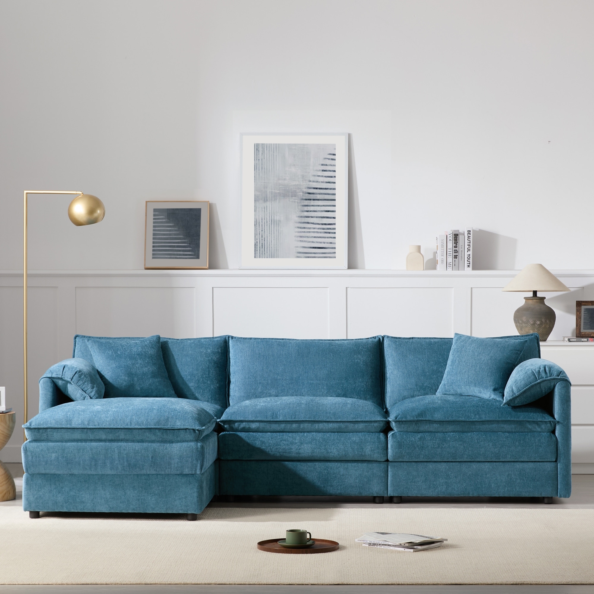 103" Chenille L-Shaped Modular Sectional Sofa with Double Cushions & Movable Ottoman