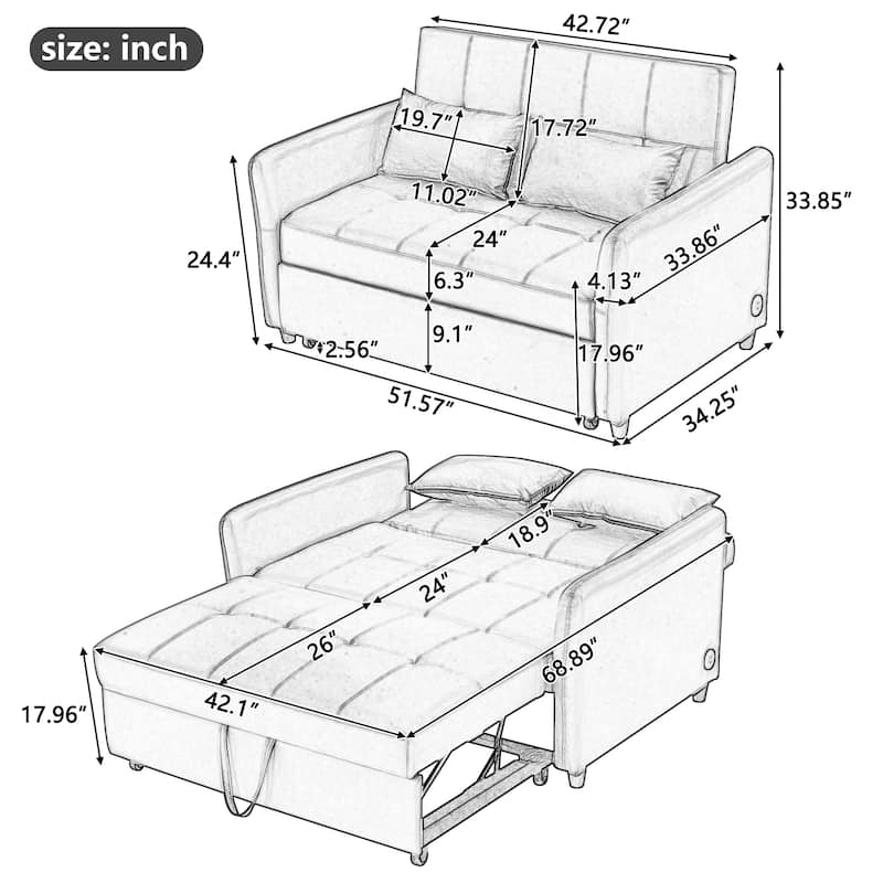 51.57" Convertible Sleeper Bed, Adjustable Oversized Armchair with Pull-Out Design and Three USB Ports for Small Spaces