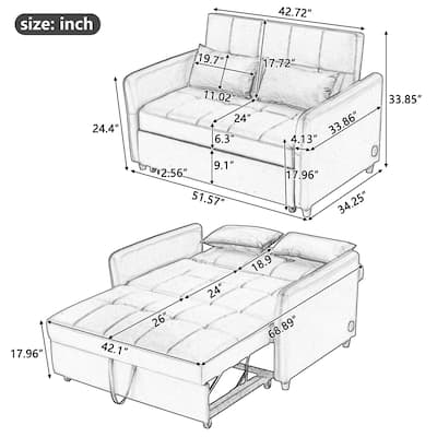Convertible Sleeper Sofa Bed, 3-in-1 Adjustable Sofa Bed with USB Ports, Upholstered Loveseat Sofa with Armrest