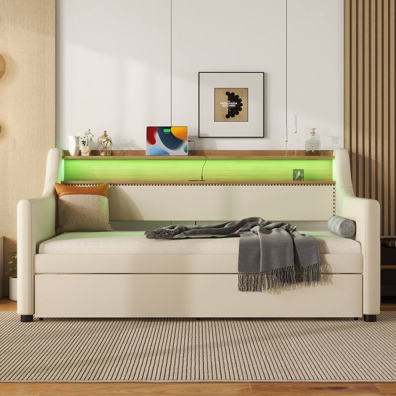 Twin Size Upholstered Daybed with Trundle and Storage Headboard, Twin Sofa Bed Frame with Charging Station and LED Lights - Beige - Twin
