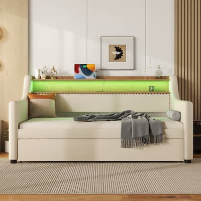Upholstered Daybed with Charging Station and LED Lights