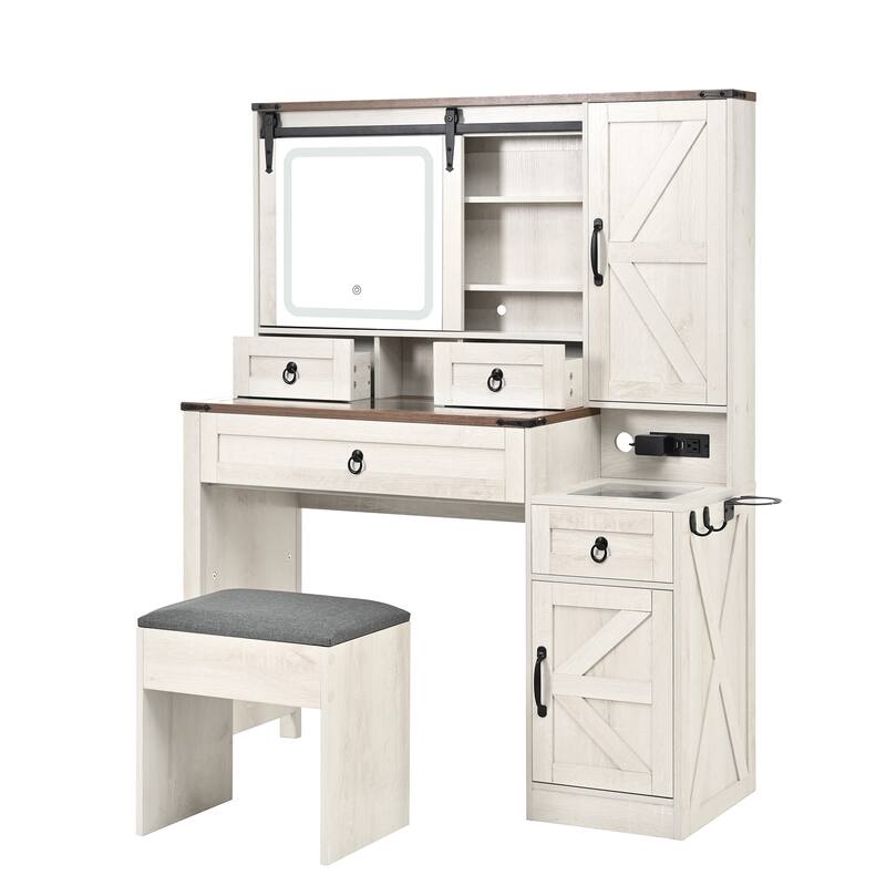 Farmhouse Vanity Desk with Sliding Mirror and Lights, Vanity Set with Glass Top and Charging Station