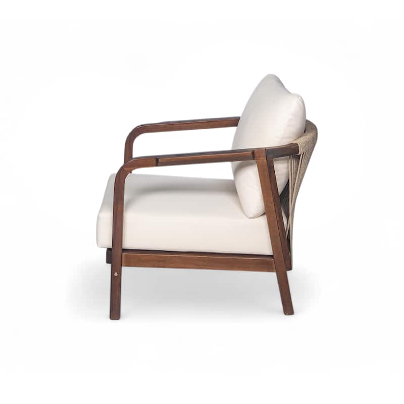 28" Outdoor Lounge Chair with Woven Backrest, Solid Wood Frame, Comfortable Cushions, and Curved Armrests for Patio or Garden