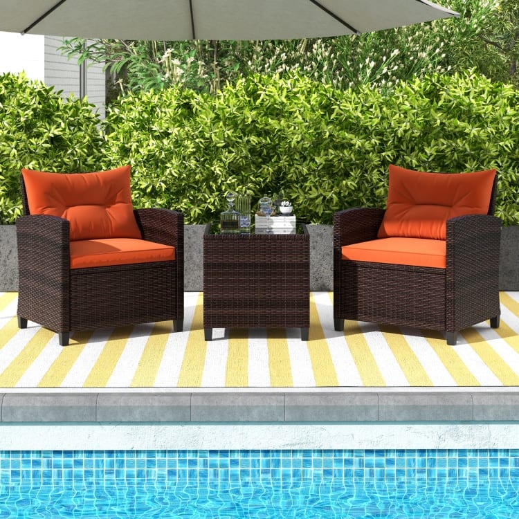 3 Pieces Rattan Patio Furniture Set with Washable Cushion - Chair: 26.5" x 26.5" x 30"