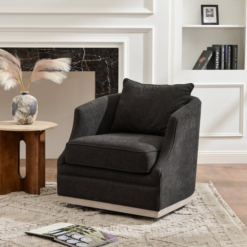 KINWELL 31" Wide Linen Fabric Upholstered Swivel Barrel Accent Chair - Black - Set of 1