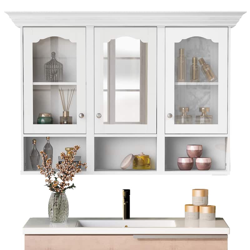 Bathroom Wall Cabinet with Mirror, Wall Mounted Bathroom Cabinet with Glass Doors, 3 Adjustable Shelves & 3 Open Compartments