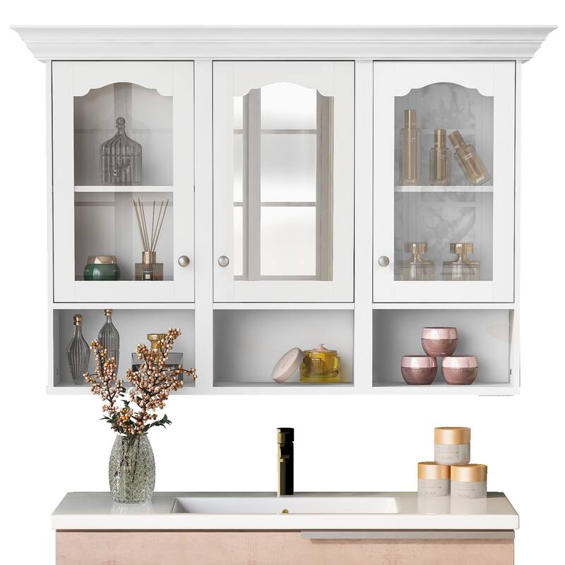 Roomfitters 47" Wall Cabinet with Mirror, 3 Adjustable Shelves and Open Compartments, Over Toilet Bathroom Storage, White