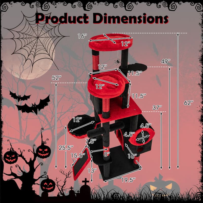 Black and Red Gothic Cat Tree Tower with Condos Perches Hammock and Scratching Posts Multi Level Cat