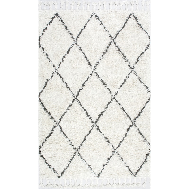Nuloom Hand-knotted Moroccan Trellis Natural Shag Wool Rug