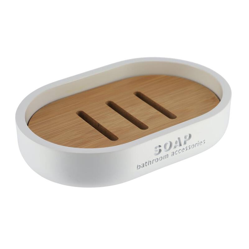 Chic Polyresin Soap Dish with Draining Bamboo Insert - 5 L x 3.4 W x 1 H - White