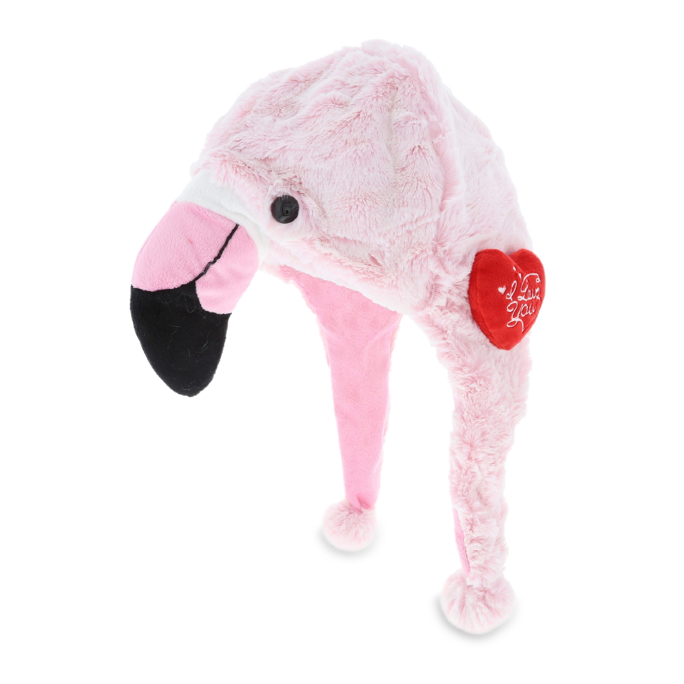 DolliBu I LOVE YOU Super Soft Plush Flamingo Hat with Red Heart - 16 inches long
