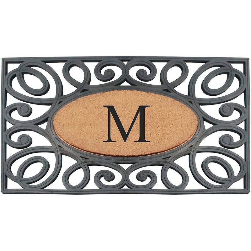 A1HC Rubber and Coir Elegant Circles Monogrammed Double Door Doormat 23"X38" - 23"X38" Black - M