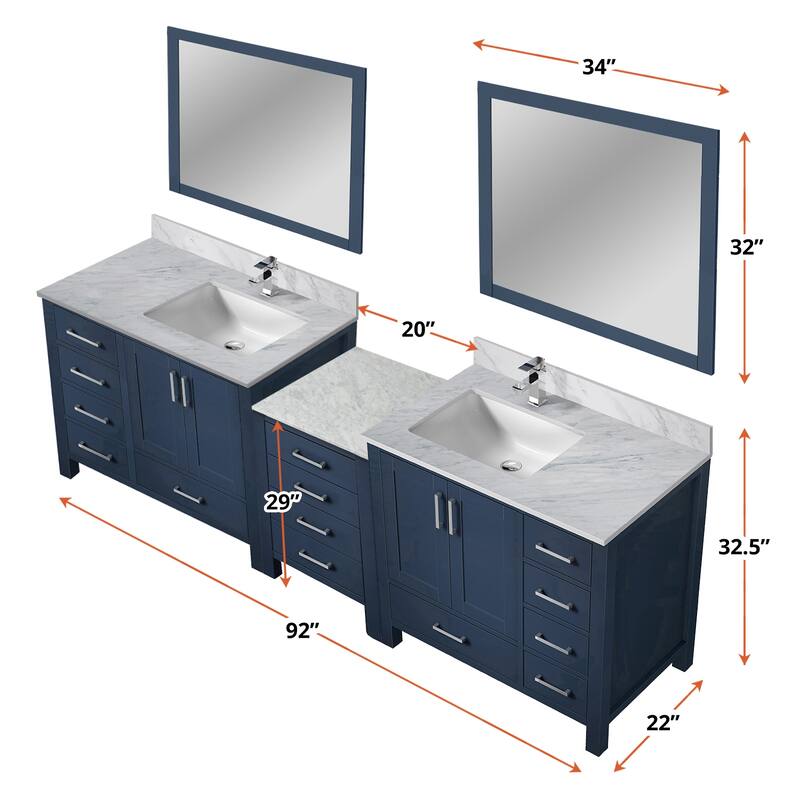 Coraline 92 in W x 22 in D Double Bath Vanity, Carrara Marble Top, and 34 in Mirrors