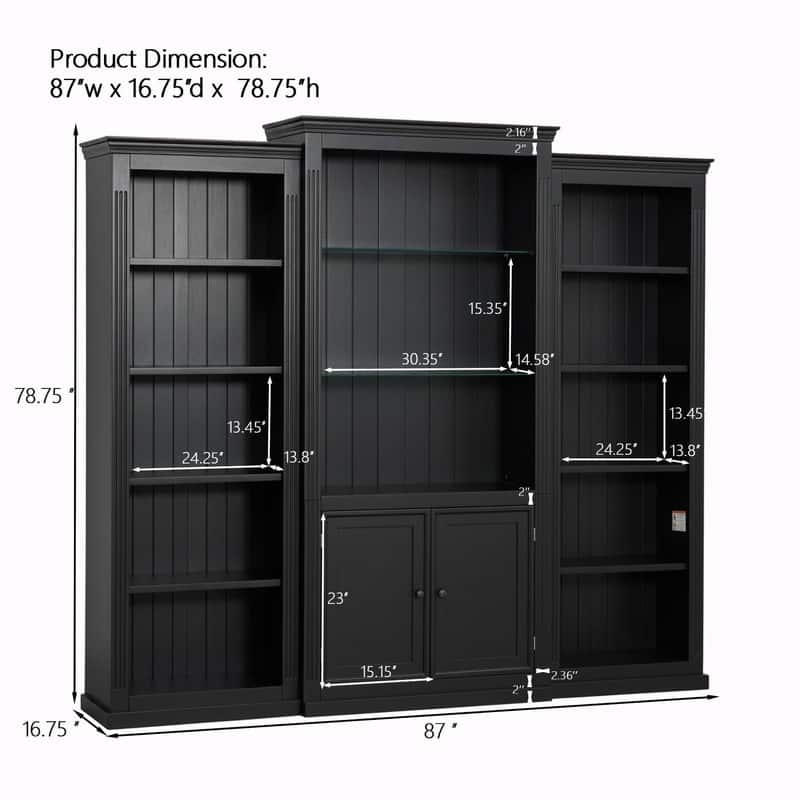 78.75" Tall 3-Piece Bookcase Set with Adjustable 5-Color LED Light, Retro Glass Display Shelves for Living Room or Office