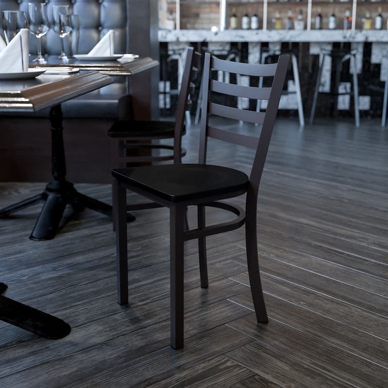 Ladder Back Metal Restaurant Chair - 16.5"W x 17"D x 32.25"H - 16.5"W x 17"D x 32.25"H - Mahogany Wood Seat/Black Metal Frame