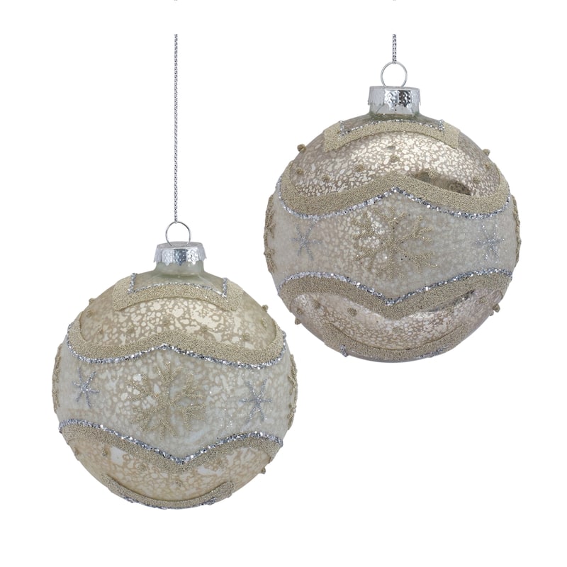 Glittered Snowflake Christmas Ball Ornaments 4" 100mm Beige Silver 6ct
