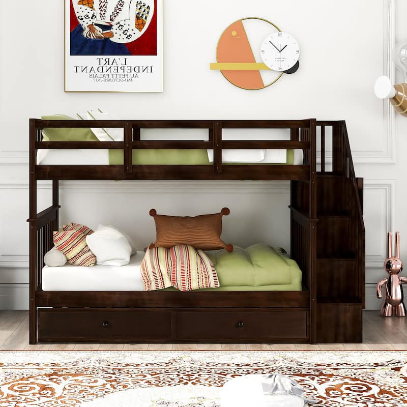 Stairway Bunk Bed with Trundle, Storage and Guard Rail for Bedroom, Dorm - Espresso - Twin