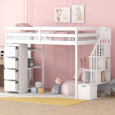 Space-Saving Twin Loft Bed with Storage Stairs and Drawers, Wooden Loft Bed