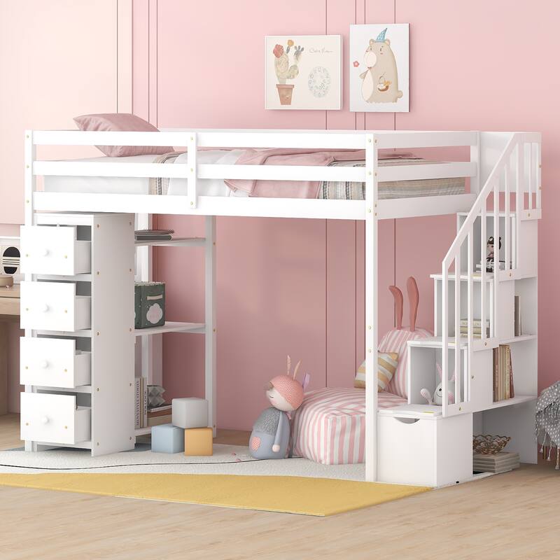 Twin Size Wooden Loft Bed with Storage Drawers, Shelves, and Stairs - White - White