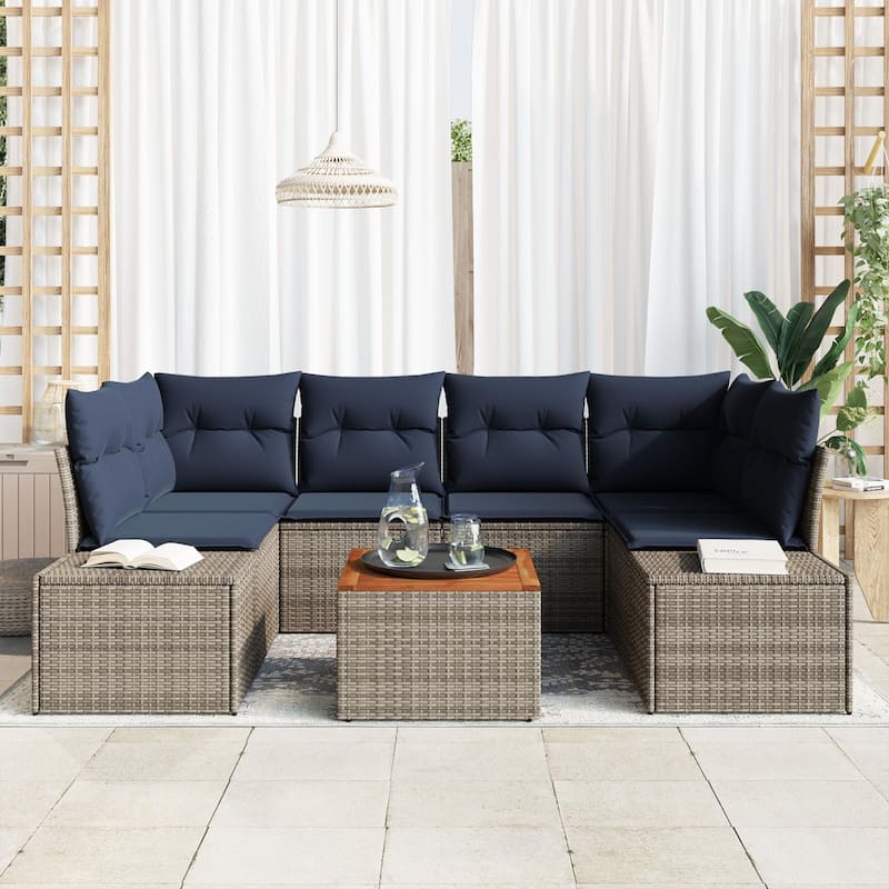vidaXL 7 Garden Sofa Set with Cushions Black/Grey Poly Rattan - 92.1 x 60.6 x 27.2