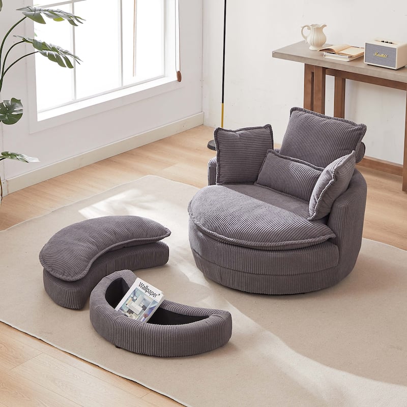 38"W Corduroy Oversized Swivel Chair with moon storage ottoman