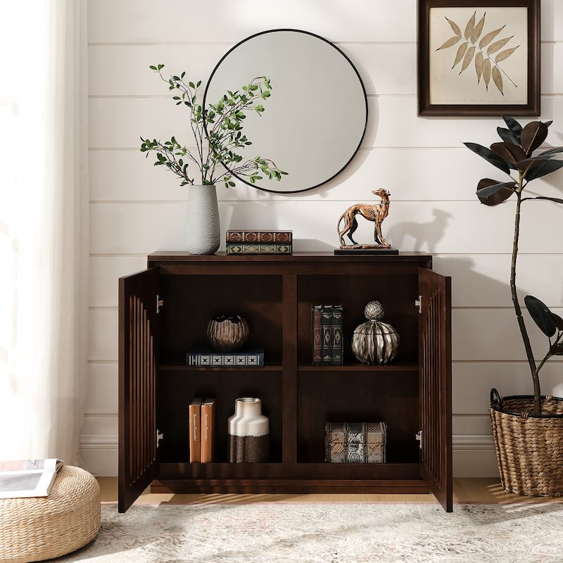 Mid Century Modern Fluted Sideboard Cabinet with 2 Outlet Holes, Buffet Cabinet with Storage, Narrow Side Cabinet