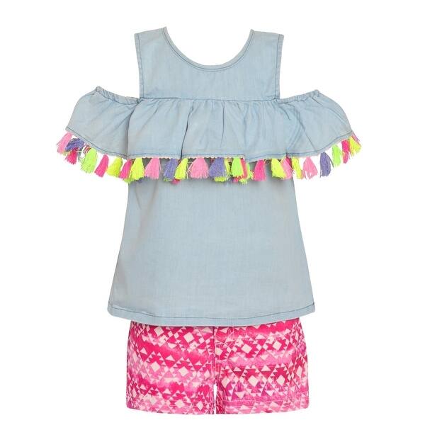 Shop Girls Blue Pink Cold Shoulder Tassel Top Motif 2 Pc Shorts Outfit Overstock 28376743
