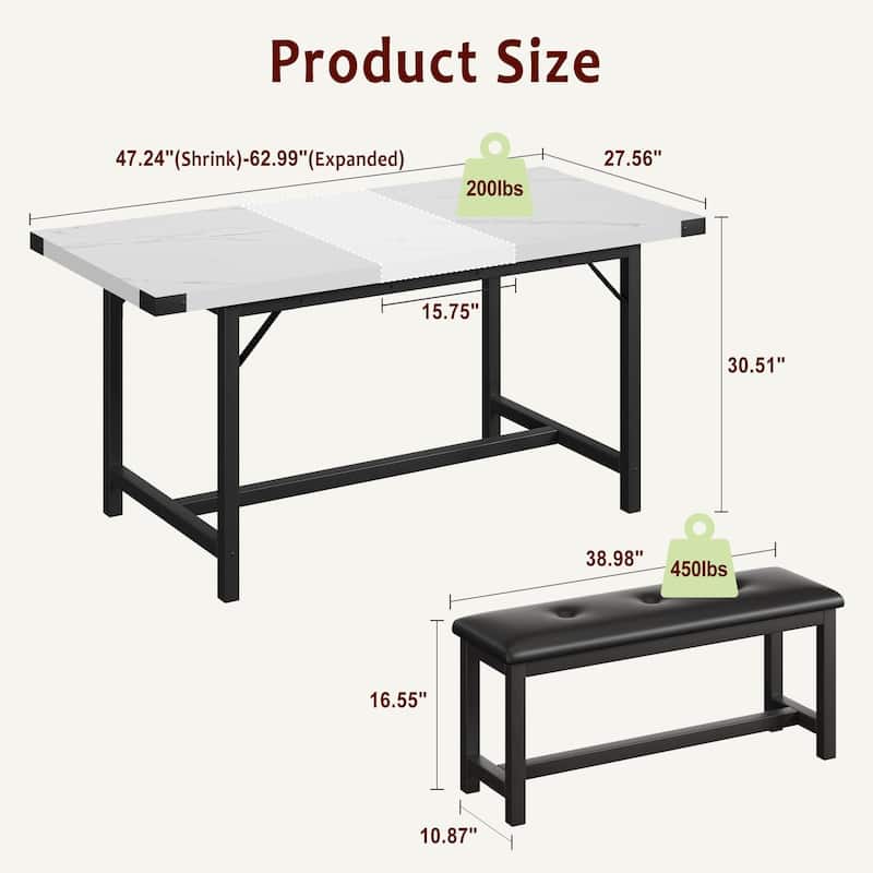 Dining Table Set for 4-6, 63" Extendable Wood Dining Room Table with Corner Protector & 2 Upholstered Benches