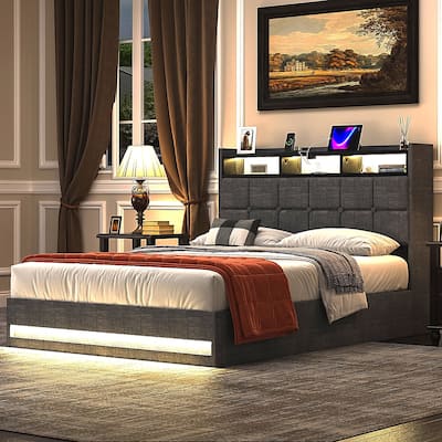 VECELO Lift Up Storage Bed Frame with LED Lights, USB Charging Ports, Hydraulic Platform, 2-Tier Headboard Shelves, Full & Queen