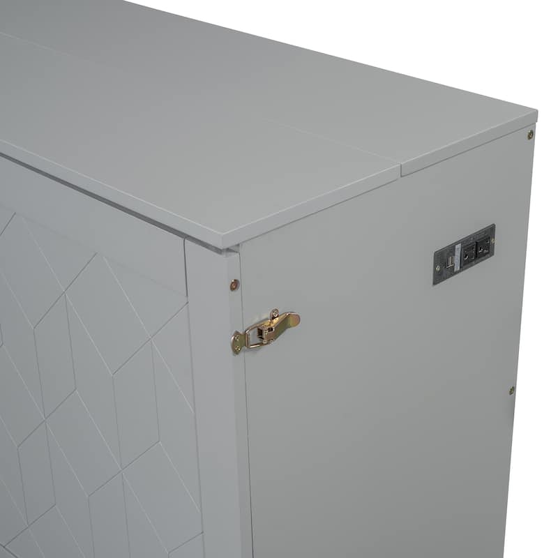 Gray Queen Size Wooden Loft Bed with Upholstered Storage Shelf and Desk