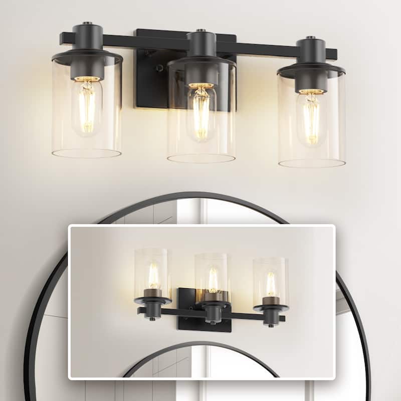3 Light Vanity Lights, Black and Gold Wall Sconce Light with Clear Glass, Bathroom Light Fixtures