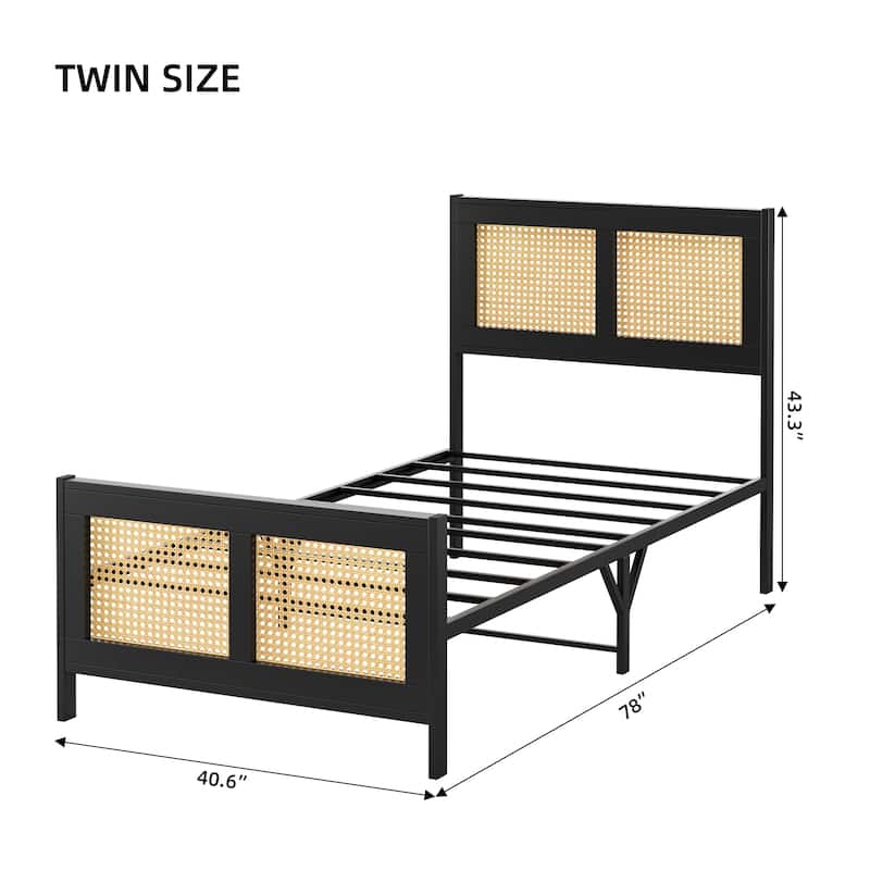 Black Bed Frame with Rattan Headboard and Footboard