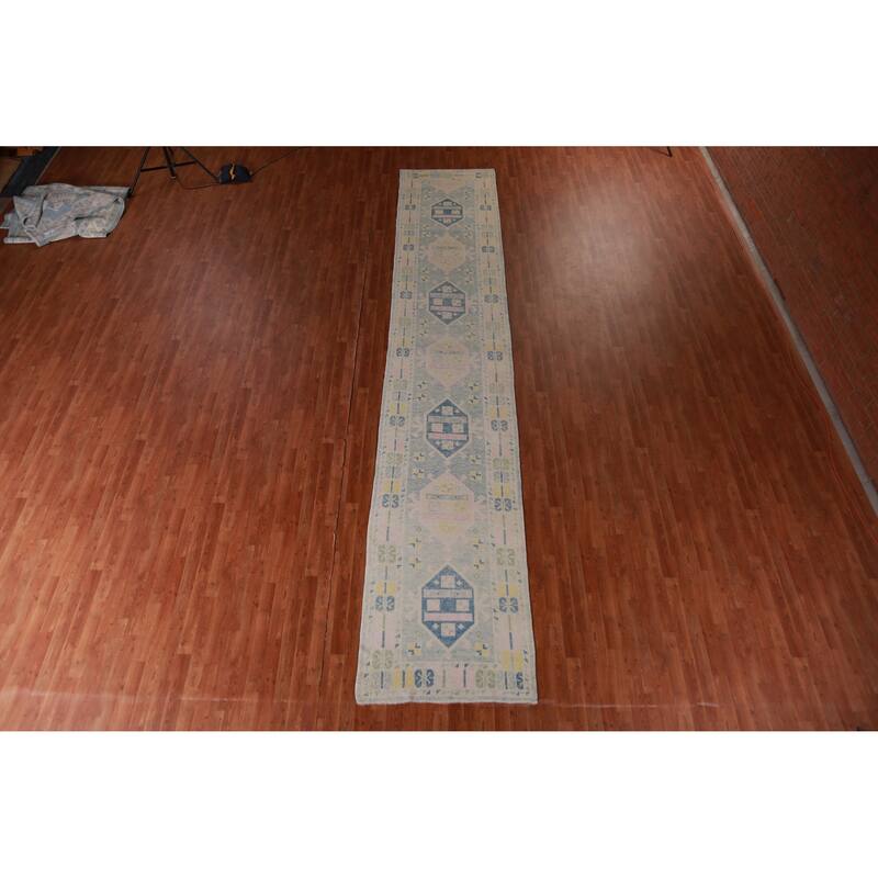 Hand Knotted Oriental 100% Wool Carpet Transitional Geometric Navy Blue & Blues Oushak Runner Rug - 17' 8'' X 3' 3''