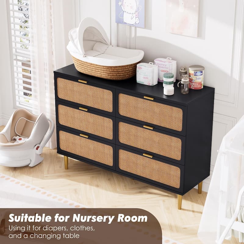 Rattan 6 Drawer Dresser for Bedroom, Large Double Dresser with Deep Drawers, Wooden Chest of Drawers for Closet with Wide Top