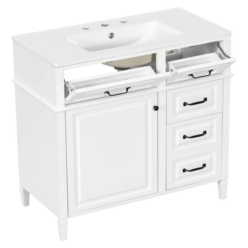 Roomfitters 36" Bathroom Vanity with Sink, Solid Wood Legs, 4 Drawers & Soft-Close Door with Storage Rack