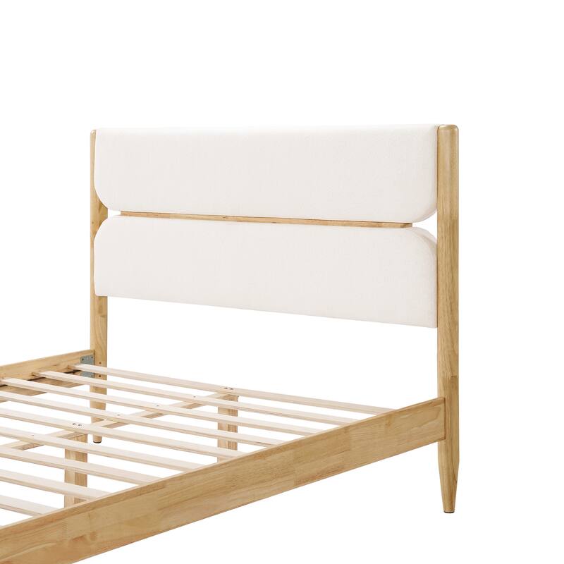 Queen Size Solid Wood Bed Frame with Upholstered Headboard, Ivory