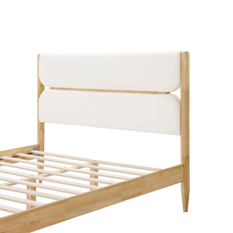 Roomfitters Queen Size Solid Wood Platform Bed Frame with Upholstered Fleece Headboard, Ivory