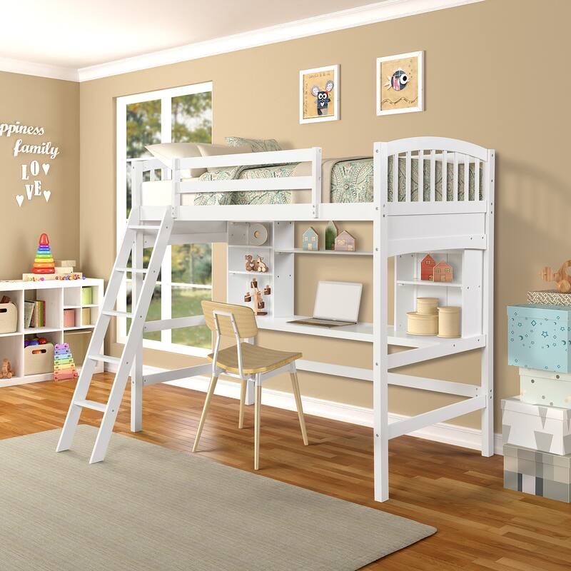 Twin Size Loft Bed with Storage Shelves, Desk and Ladder in White