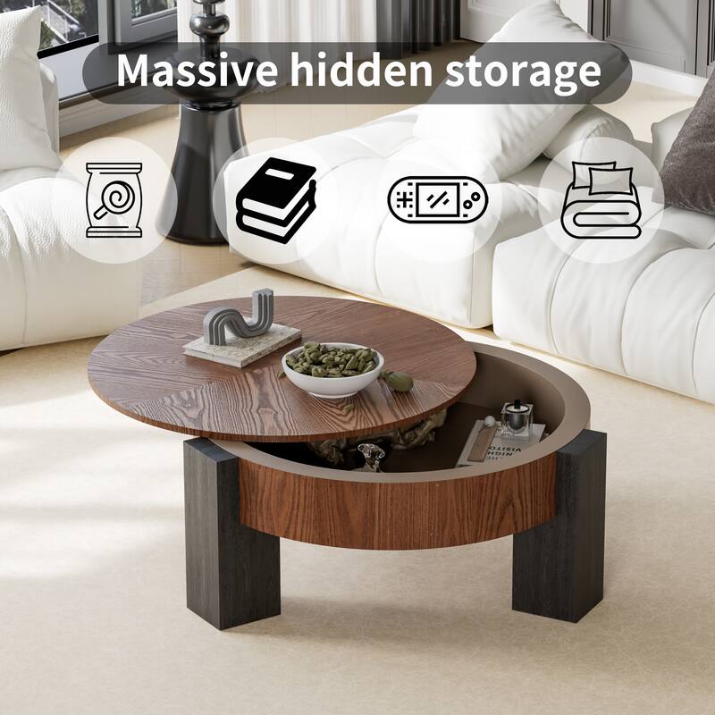33" Round Coffee Table with Hidden Storage, Parquet Veneer Top Table, 3 Block Legs Sturdy Center Accent Table for Living Room