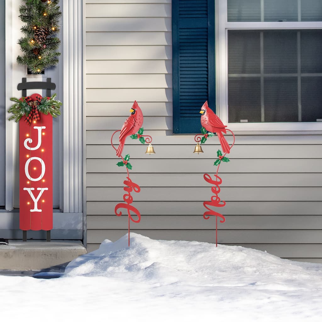 Glitzhome Metal MERRY CHRISTMAS Cardinal JOY& NOEL with Bell Yard Stake Wall Decor