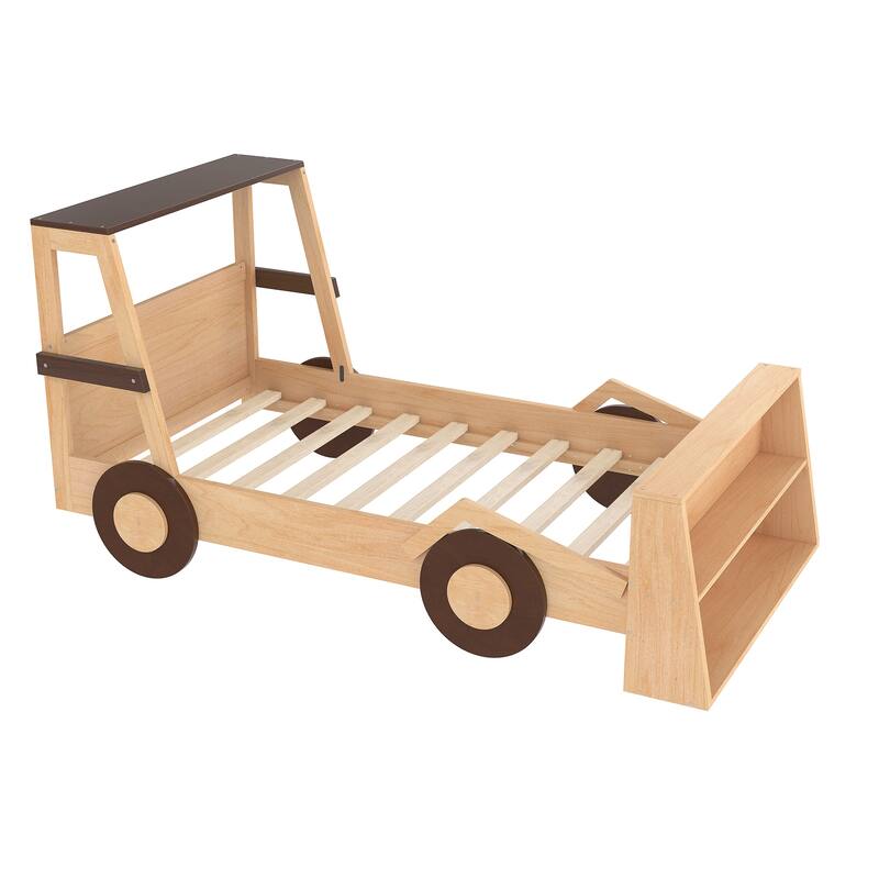 Twin Size Car Bed with Storage Shelves, Kids Platform Bed with Cute Car-shape, Childlike Design, Blue White