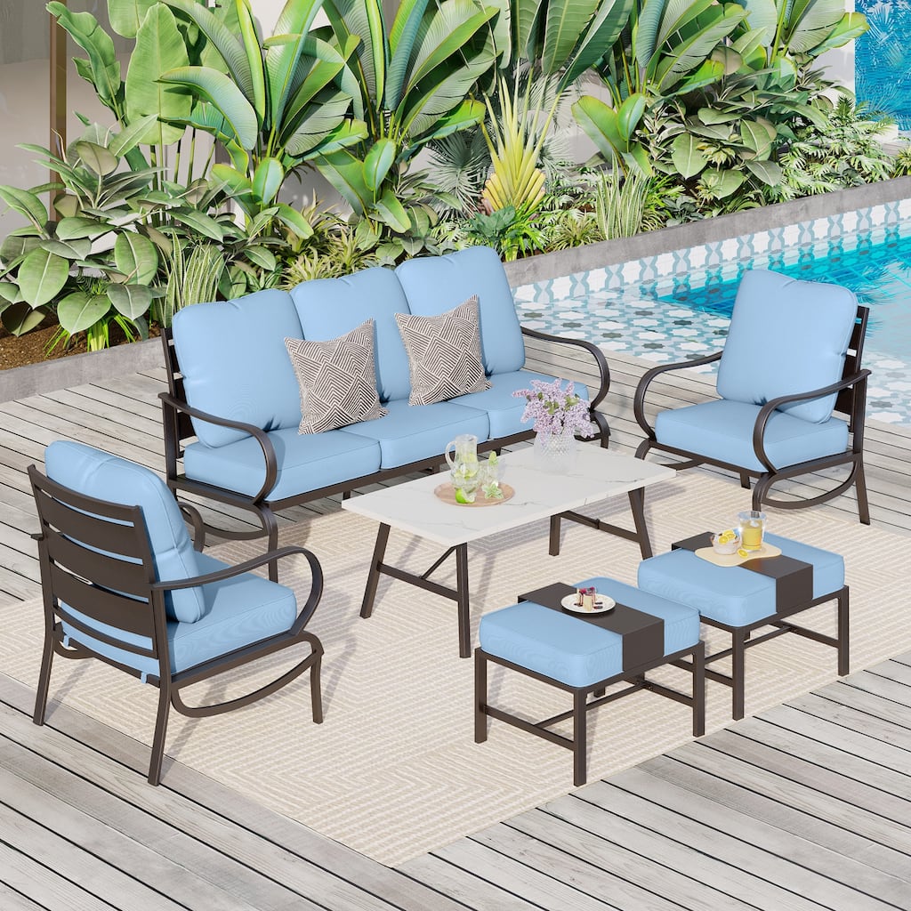 MAISON ARTS 6-Piece Patio Conversation Set, Sofa Set with 2/4 x Single Sofa Chairs, 1 x 3-seater Sofa and Coffee Table/Ottomans