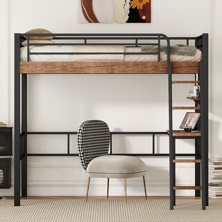 Metal Loft Bed Frame with Built In Desk and Storage Shelf