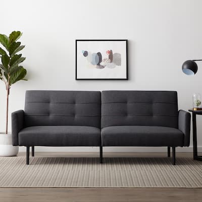 Sofa Bed with Buttonless Tufting and Removable Arms, Charcoal