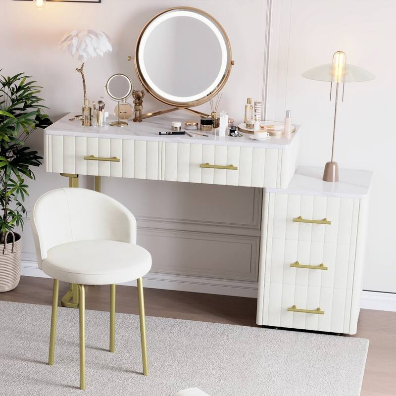 Modern Velvet Upholstered Makeup Vanity with Padded Chair and Left/ Right Adjustable Storage